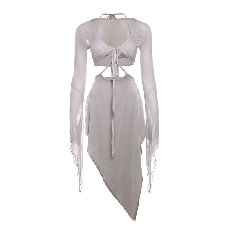 Long sleeve ruffle v neck self tie mesh midi skirt set-final-sale