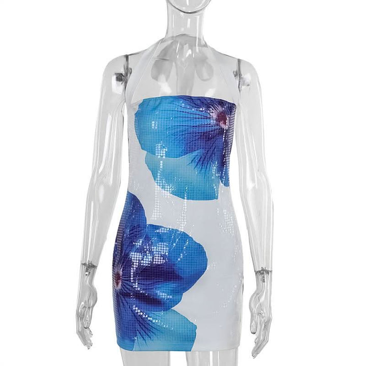 Halter flower print zip-up mini dress  | Festival Outfits Women