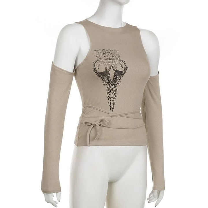 Abstract off shoulder long sleeve self tie contrast top-final-sale