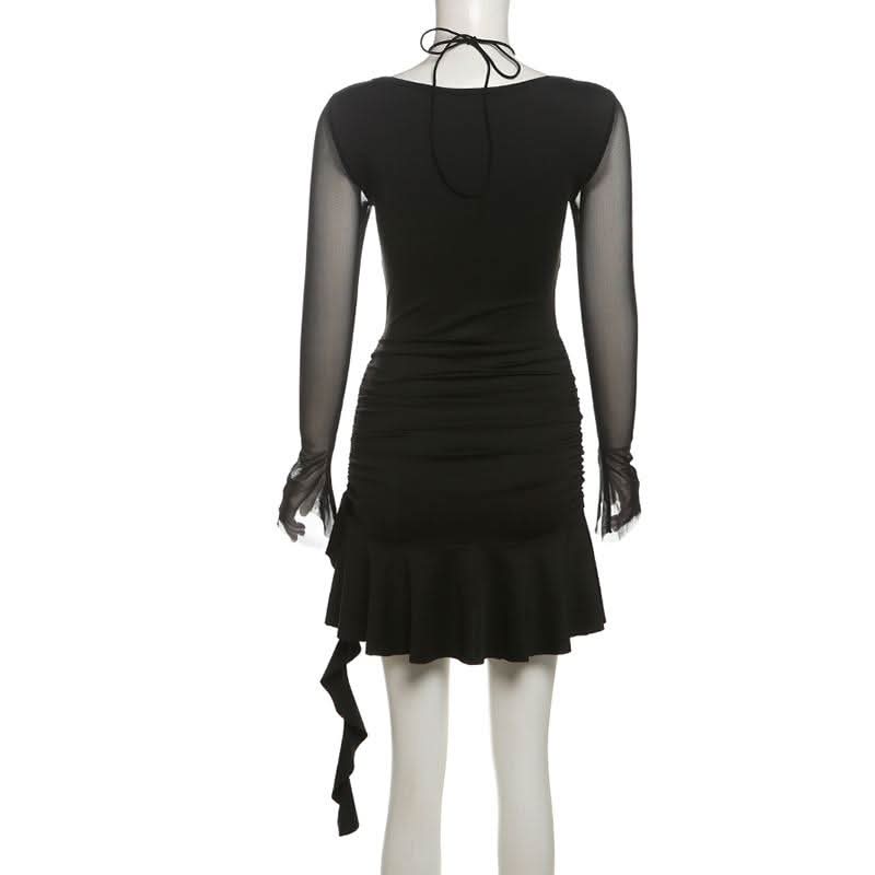 Long sleeve halter mesh ruched ruffle mini dress  | Festival Outfits Women