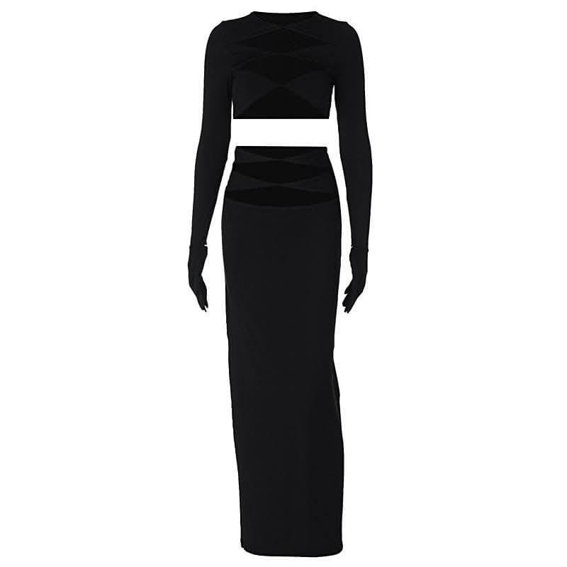 Long sleeve crewneck gloves hollow out solid maxi skirt set-final-sale  | Festival Outfits Women