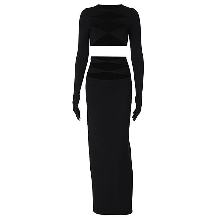 Long sleeve crewneck gloves hollow out solid maxi skirt set-final-sale  | Festival Outfits Women