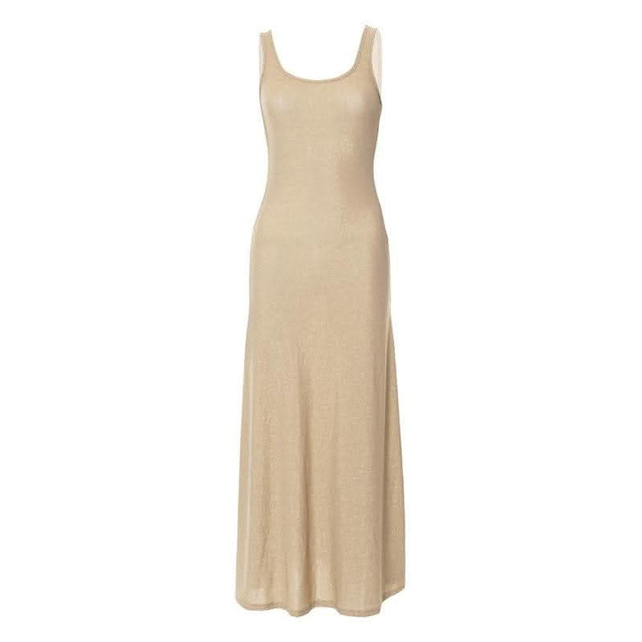Textured solid sleeveless ruffle u neck maxi dress-final-sale  | Festival Outfits Women