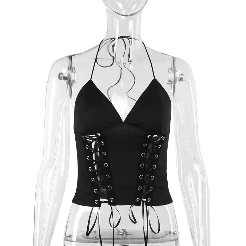 Halter self tie v neck lace up backless solid top  | Festival Outfits Women