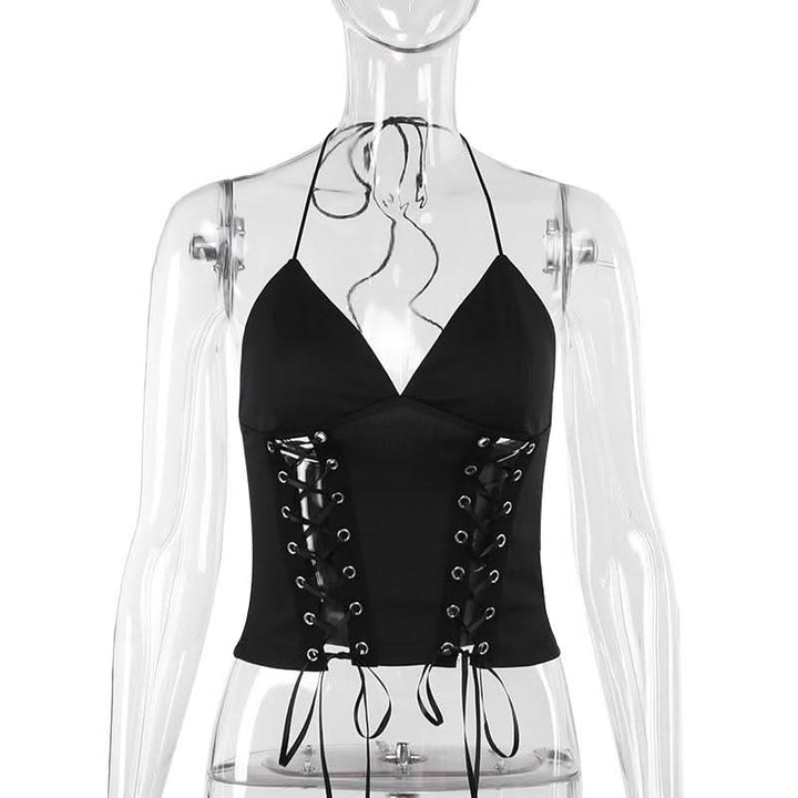 Halter self tie v neck lace up backless solid top  | Festival Outfits Women