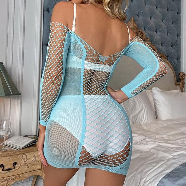 Long sleeve fishnet off shoulder mini dress  | Festival Outfits Women
