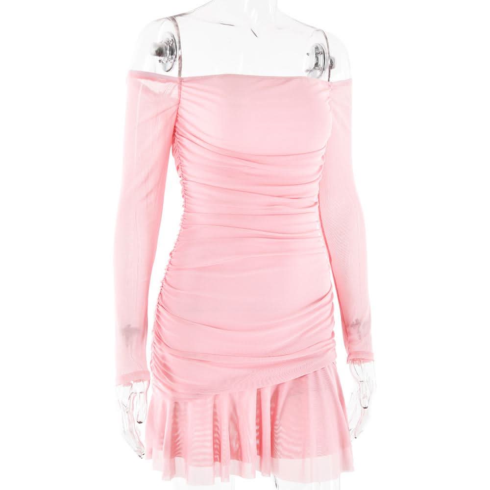 Long sleeve off shoulder ruched mesh mini dress  | Festival Outfits Women