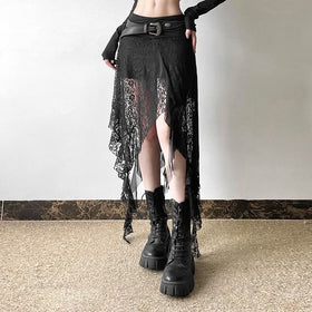 Lace mesh patchwork ruched ruffle midi skirt  | Festival Outfits Women