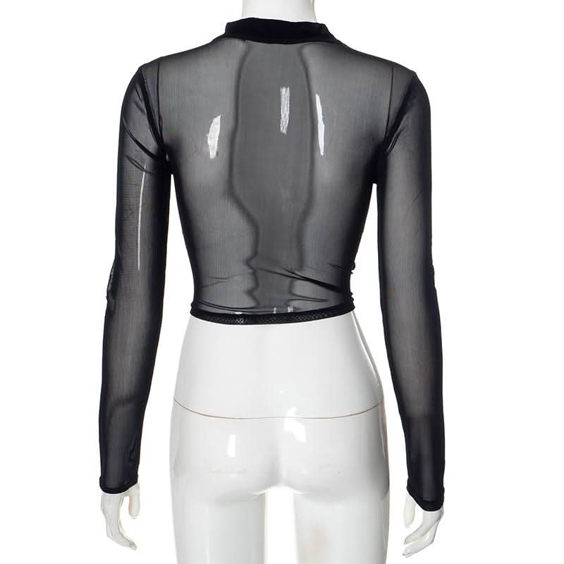 High neck mesh velvet patchwork long sleeve crop top | Mesh Long Sleeve Crop Top  | Festival Outfits Women