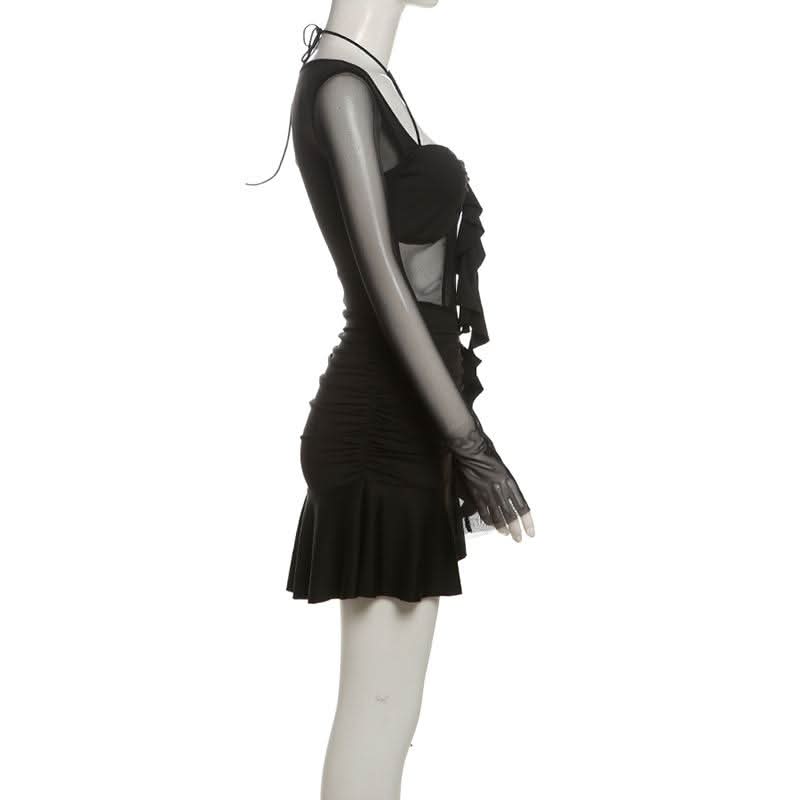 Long sleeve halter mesh ruched ruffle mini dress  | Festival Outfits Women