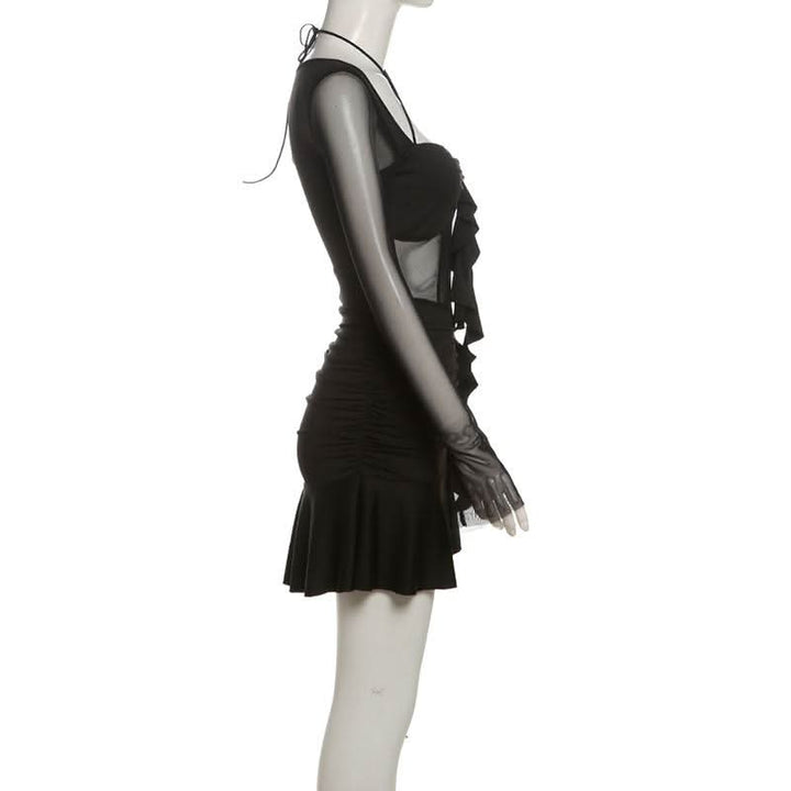 Long sleeve halter mesh ruched ruffle mini dress  | Festival Outfits Women