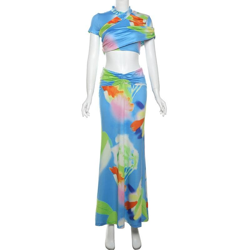 Short sleeve ruched contrast print maxi skirt set-final-sale  | Festival Outfits Women