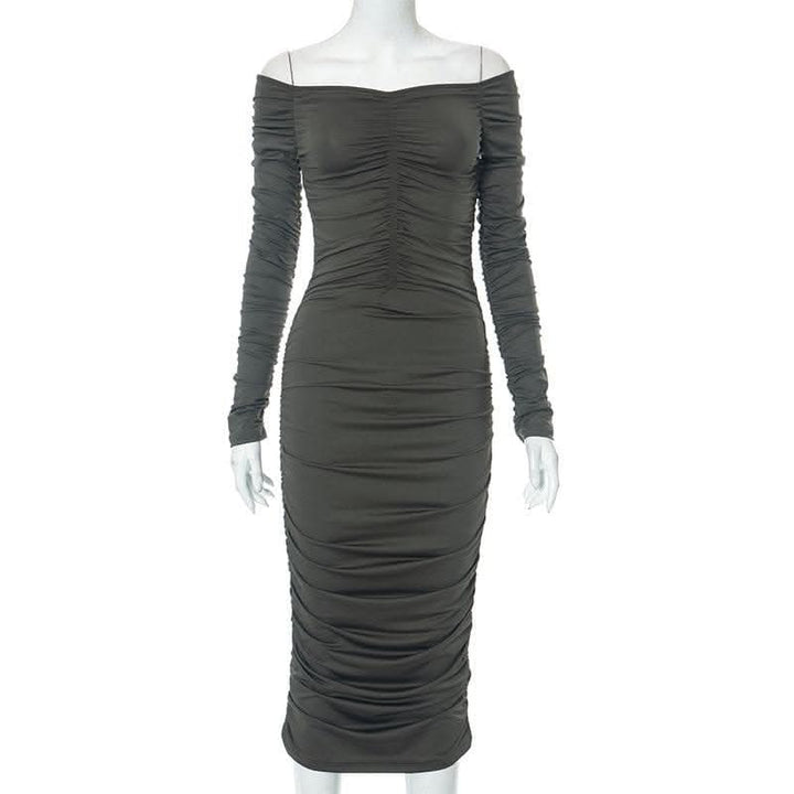 Off shoulder long sleeve ruched solid midi dress-final-sale  | Festival Outfits Women