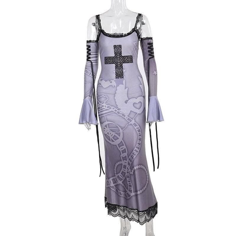 Long flared sleeve off shoulder cross print lace cami maxi dress-final-sale  | Festival Outfits Women