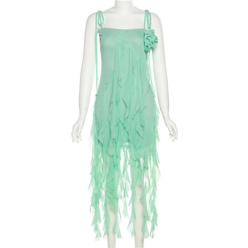 Ruffle solid self tie mesh flower applique ribbon midi dress-final-sale  | Festival Outfits Women