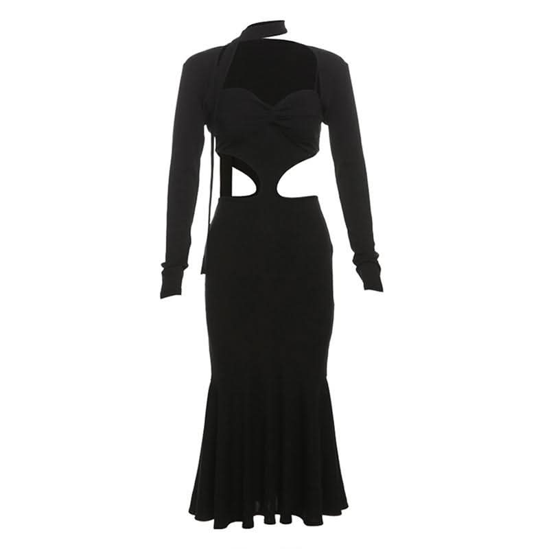 Long sleeve sweetheart neck shrug 2 piece hollow out cut out maxi dress  | Festival Outfits Women