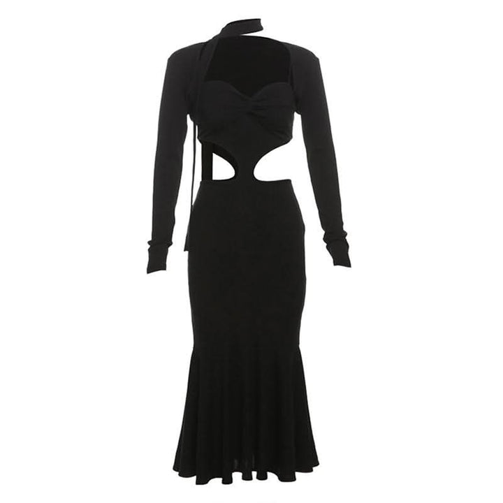 Long sleeve sweetheart neck shrug 2 piece hollow out cut out maxi dress  | Festival Outfits Women