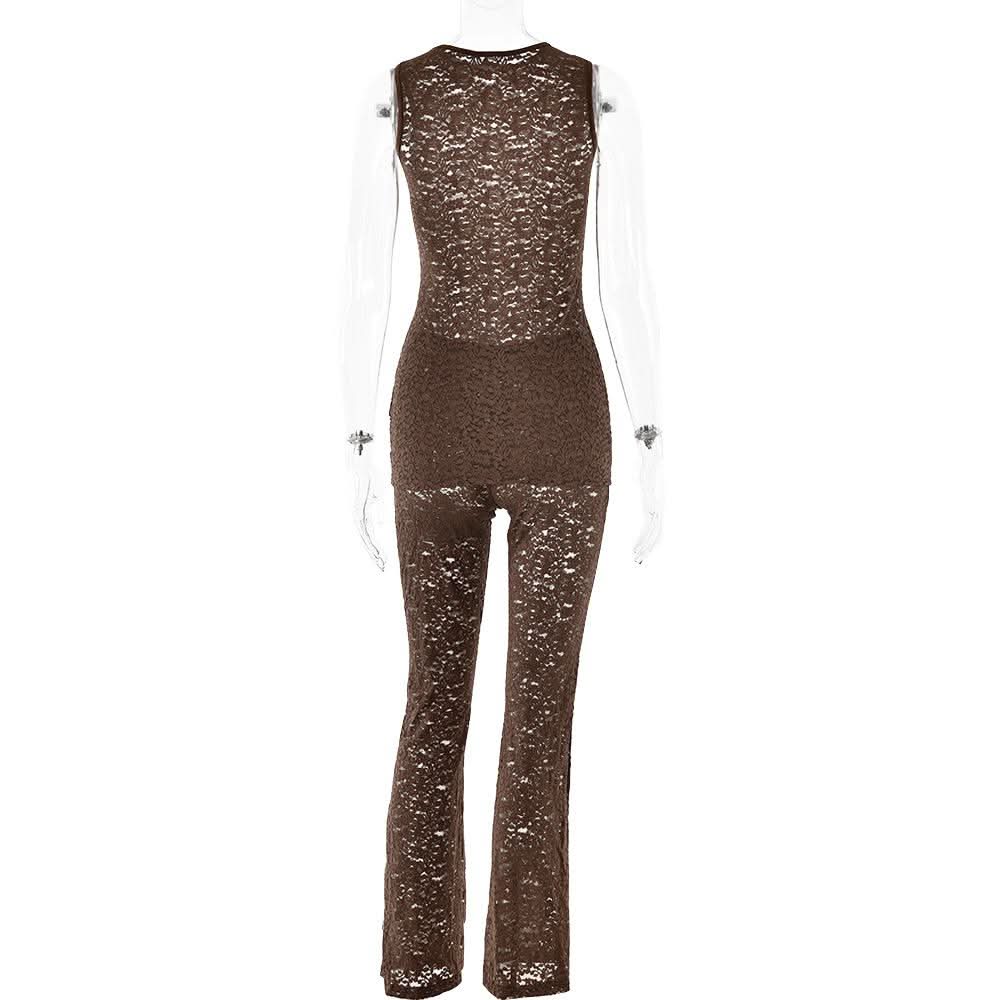 Crewneck lace sleeveless solid medium rise pant set  | Festival Outfits Women