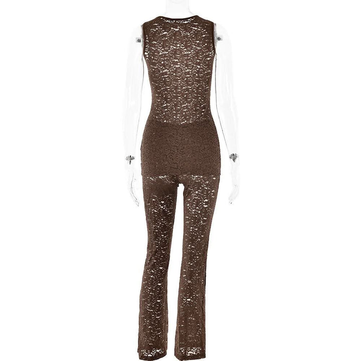Crewneck lace sleeveless solid medium rise pant set  | Festival Outfits Women
