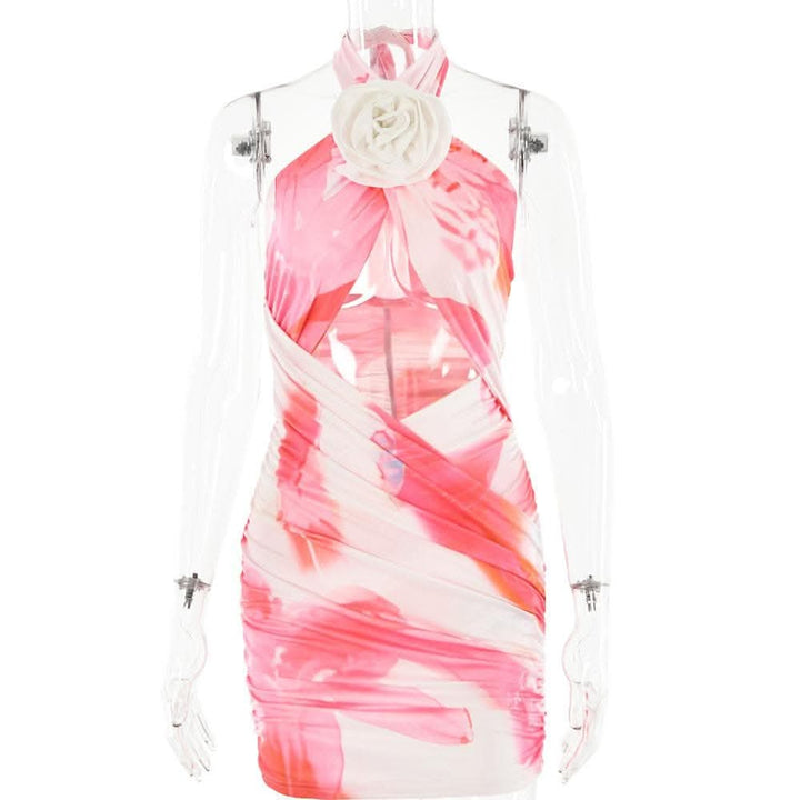 Flower applique cross front ruched contrast self tie mini dress-final-sale  | Festival Outfits Women
