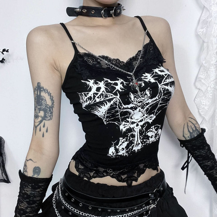 V neck abstract bat print lace hem cami top  | Festival Outfits Women