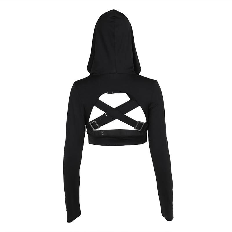 Hoodie long sleeve buckle cross back crop top  | Festival Outfits Women