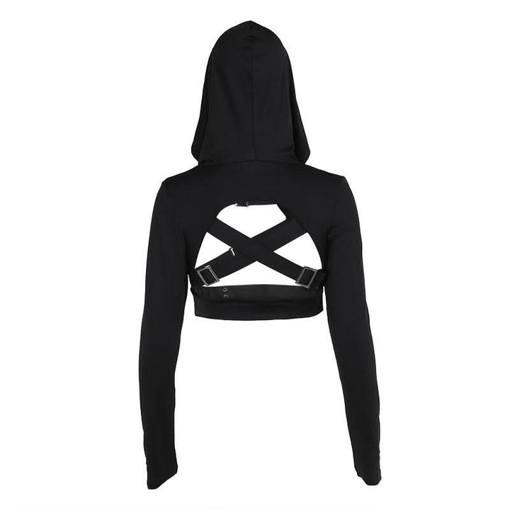 Hoodie long sleeve buckle cross back crop top  | Festival Outfits Women