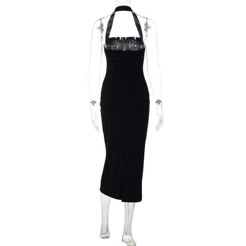 Halter solid slit backless midi dress  | Festival Outfits Women