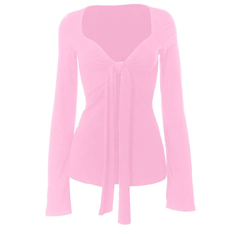 Long flared sleeve v neck ruched top  | Festival Outfits Women