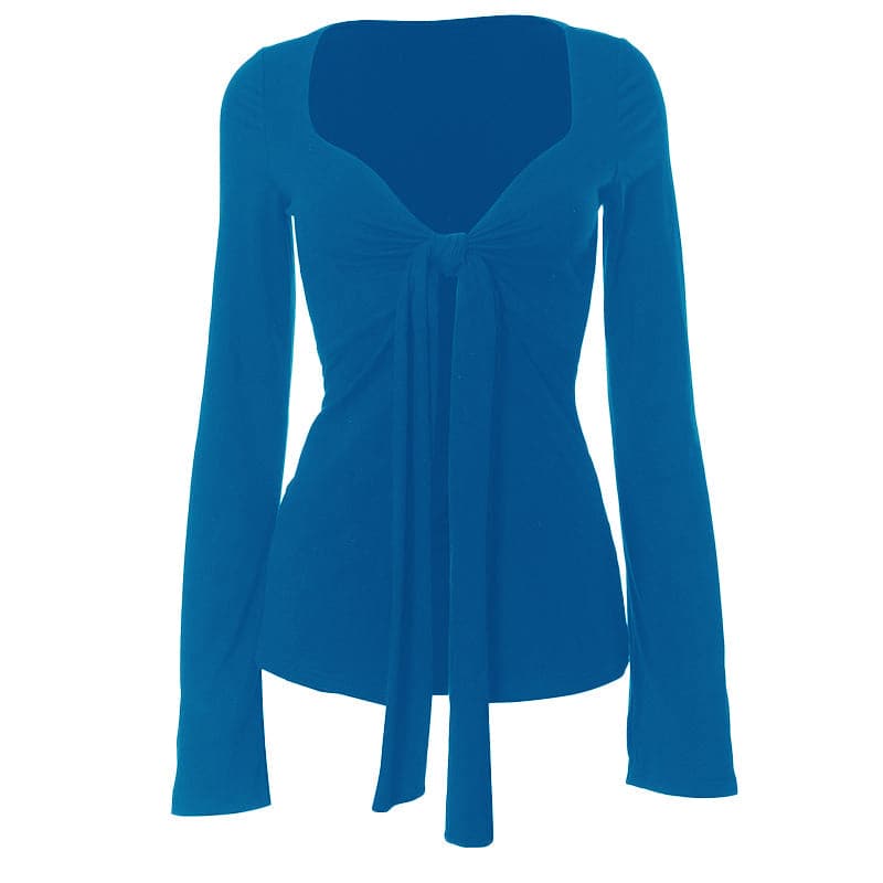 Long flared sleeve v neck ruched top  | Festival Outfits Women