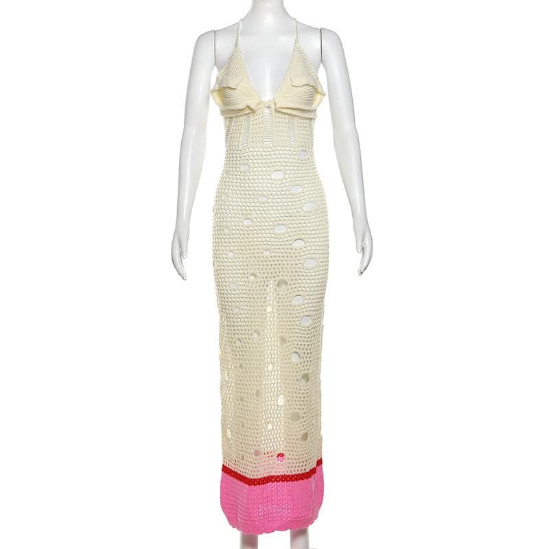 V neck knitted hollow out lace up cut out maxi dress-final-sale  | Festival Outfits Women