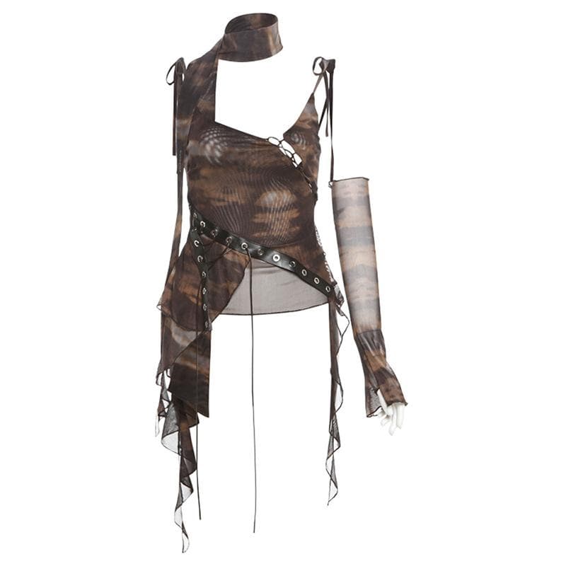 Glove tie dye sheer mesh patchwork ruffle top  | Festival Outfits Women