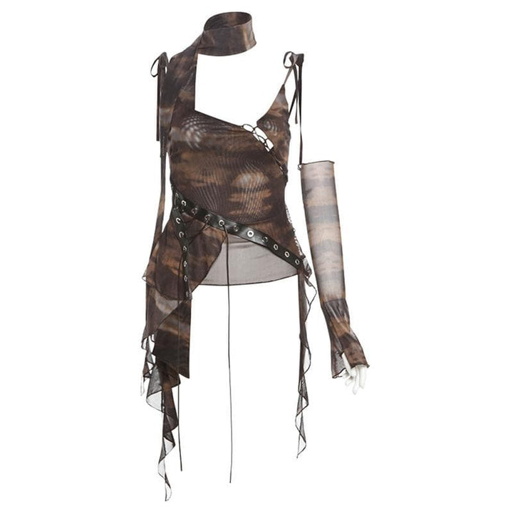 Glove tie dye sheer mesh patchwork ruffle top  | Festival Outfits Women