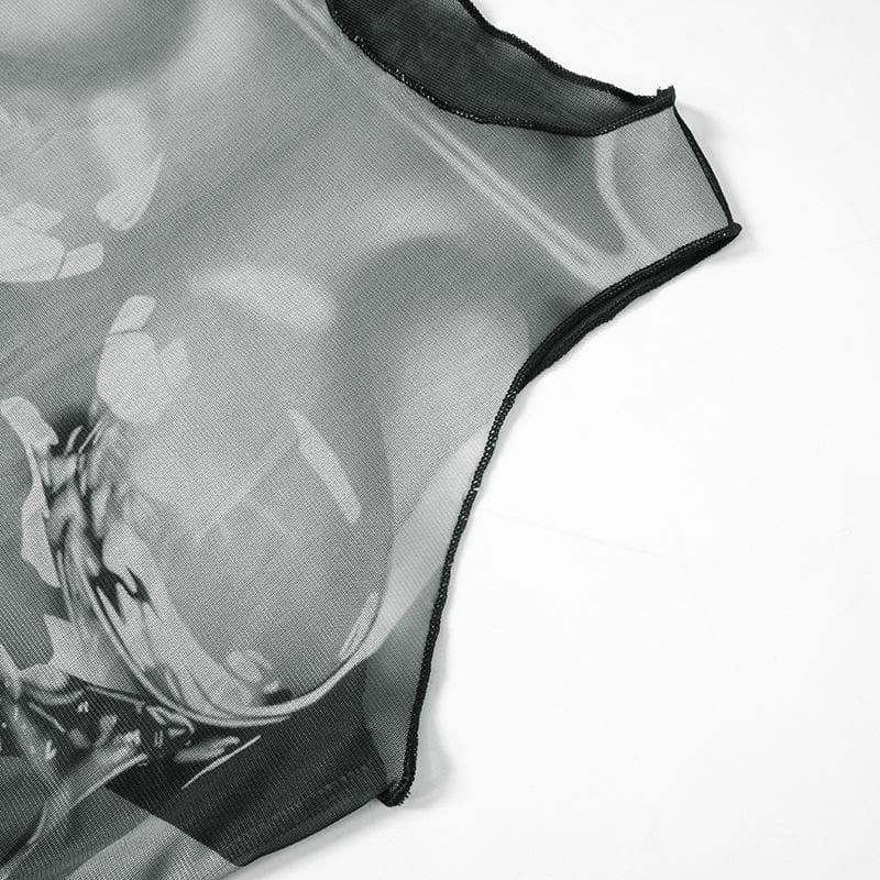 Sleeveless crewneck body print sheer mesh maxi dress  | Festival Outfits Women