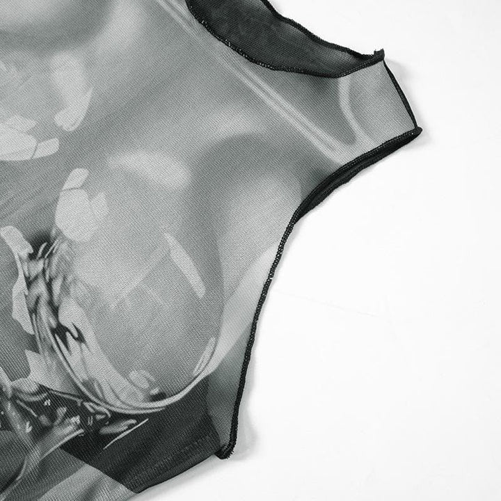 Sleeveless crewneck body print sheer mesh maxi dress  | Festival Outfits Women