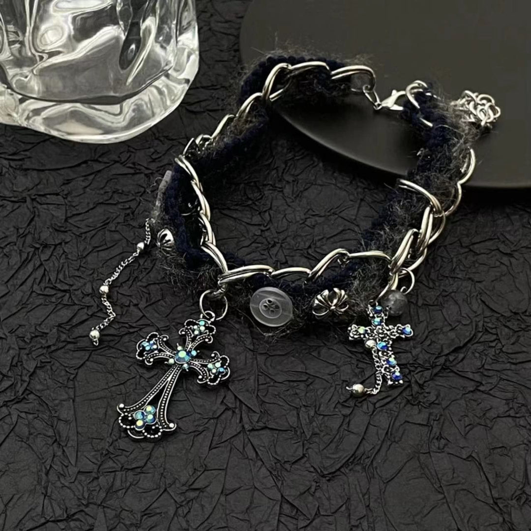 Cross pendant button decor choker necklace  | Festival Outfits Women