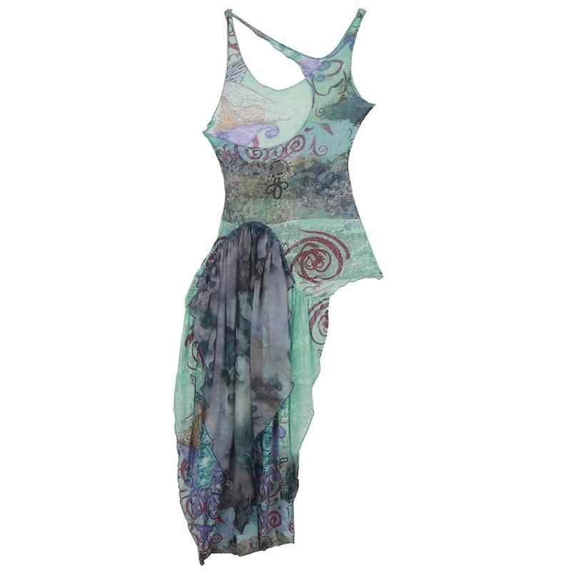 Irregular u neck ruched ruffle print contrast top  | Festival Outfits Women