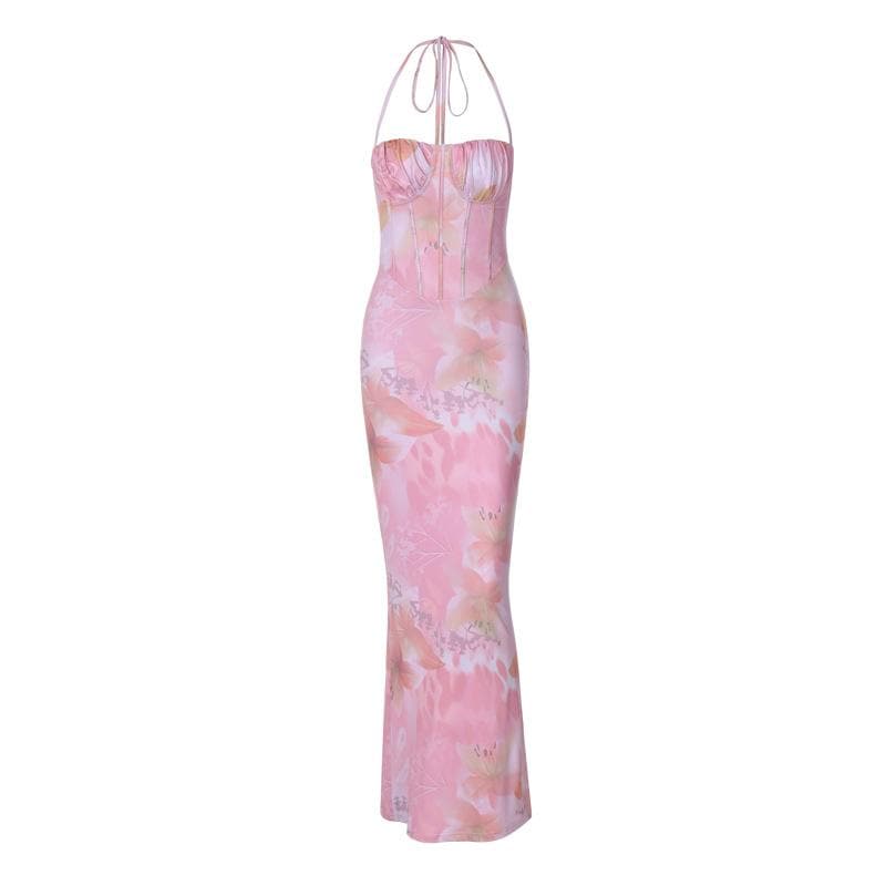 Halter print ruched bustier high slit knotted maxi dress  | Festival Outfits Women