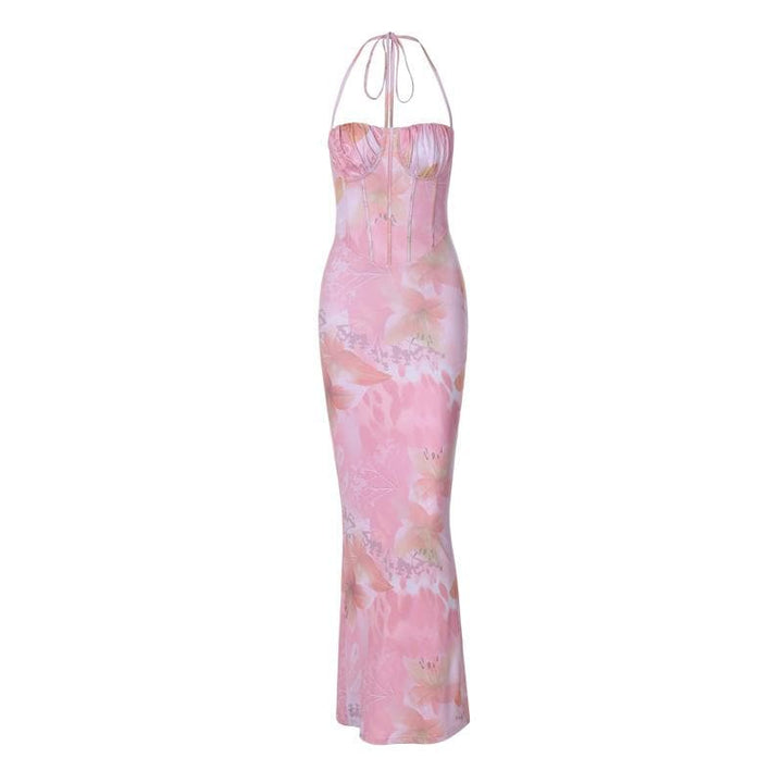 Halter print ruched bustier high slit knotted maxi dress  | Festival Outfits Women