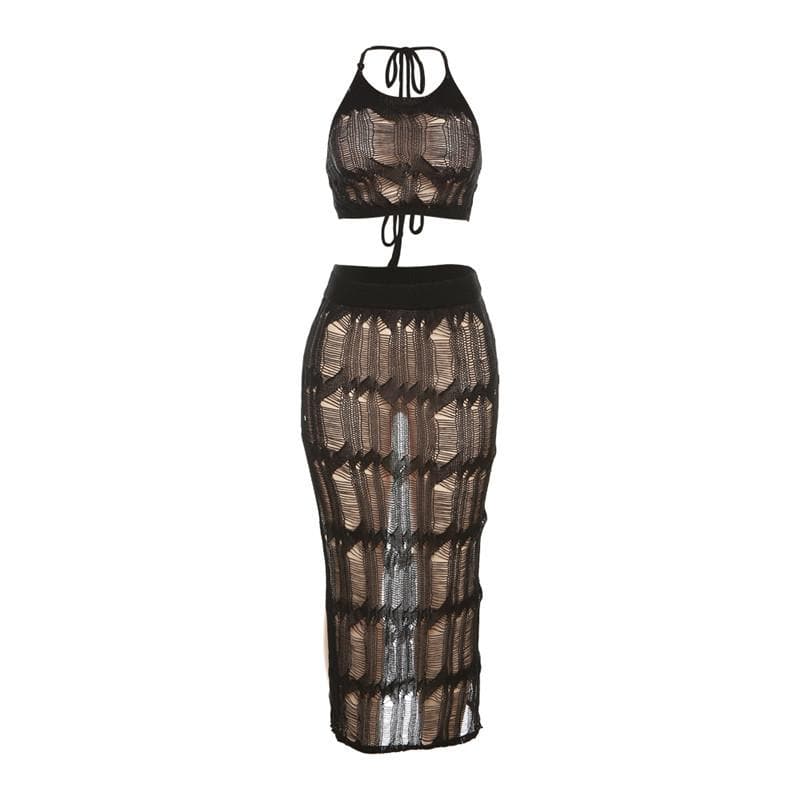 Crochet solid halter self tie see through slit midi skirt set-final-sale  | Festival Outfits Women