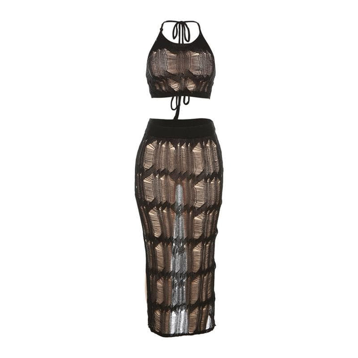 Crochet solid halter self tie see through slit midi skirt set-final-sale  | Festival Outfits Women