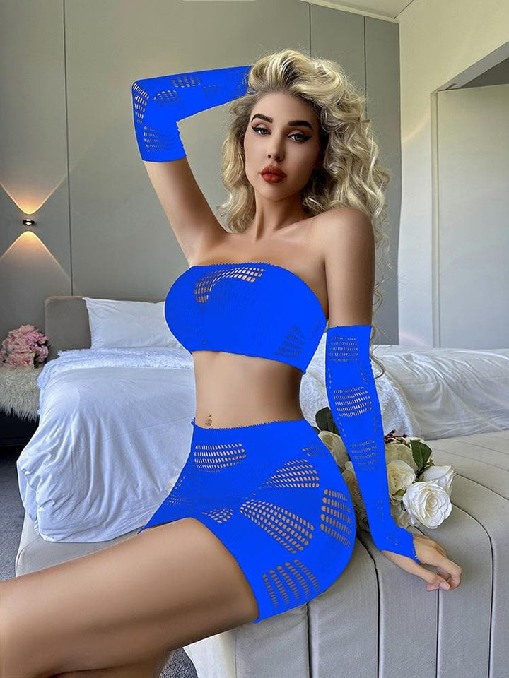 Gloves fishnet patchwork tube mini skirt set  | Festival Outfits Women