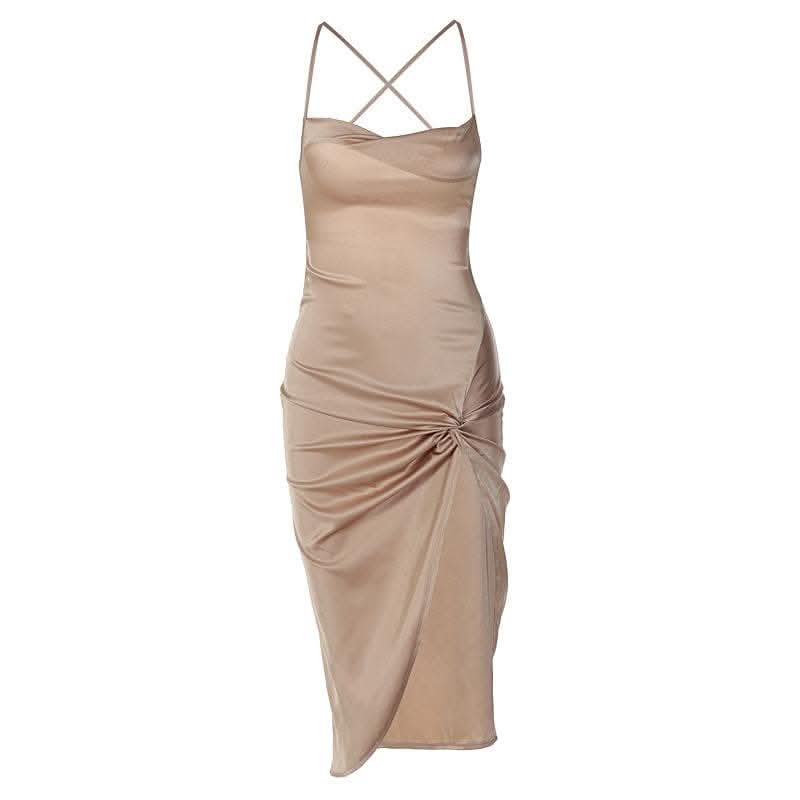 Sleeveless cross back cowl neck slit lace up self tie backless midi dress-final-sale