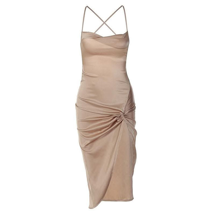 Sleeveless cross back cowl neck slit lace up self tie backless midi dress-final-sale