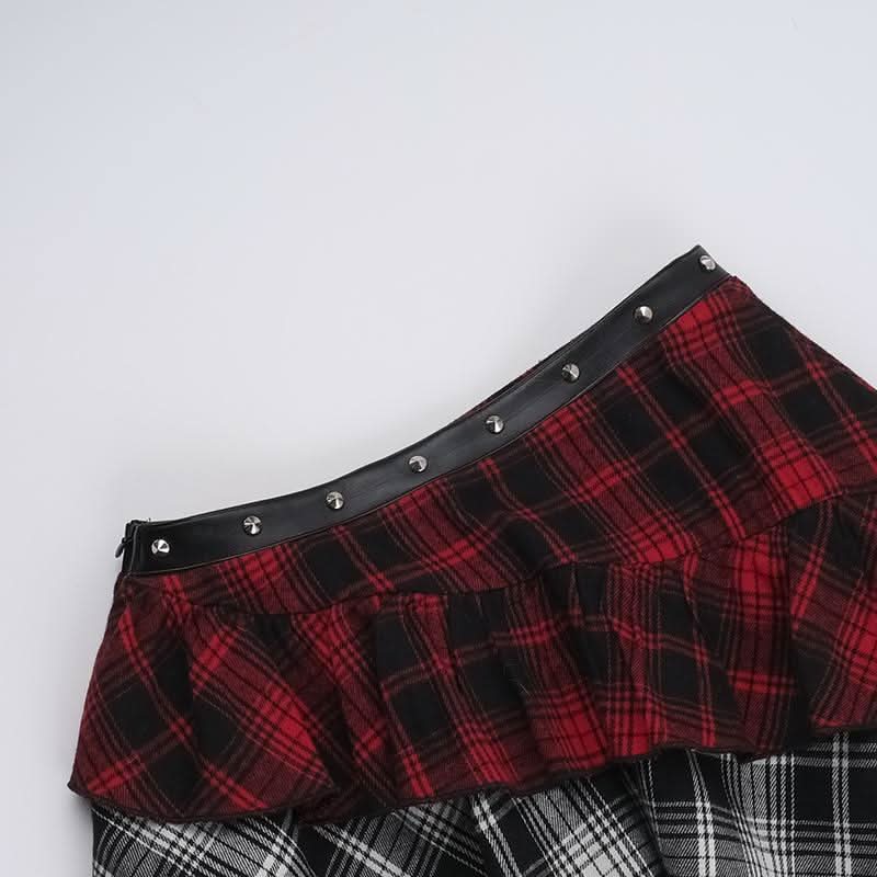 Plaid irregular buckle ruffle lace hem patchwork mini skirt  | Festival Outfits Women