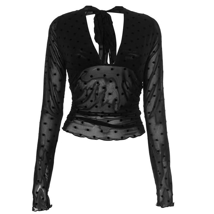 Long sleeve mesh polka dot ruffle solid top  | Festival Outfits Women