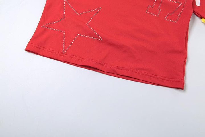 Short sleeve one shoulder “super star” print top  | Festival Outfits Women