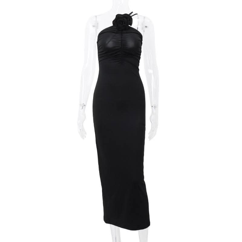 Flower applique one shoulder solid ruched maxi dress-final-sale  | Festival Outfits Women