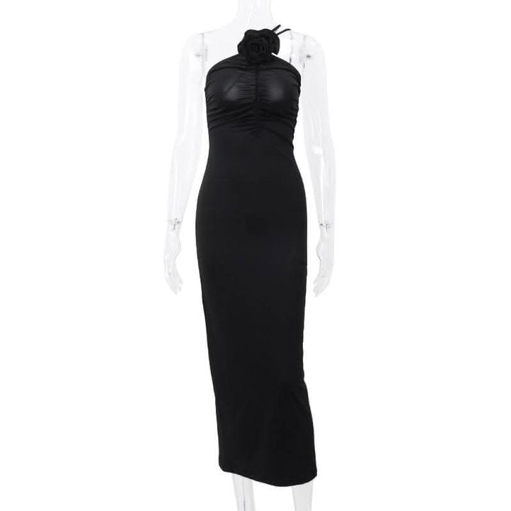 Flower applique one shoulder solid ruched maxi dress-final-sale  | Festival Outfits Women