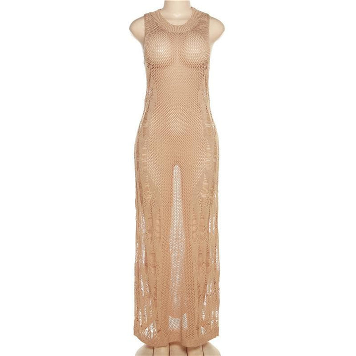 Crochet solid sleeveless see through round neck maxi dress-final-sale  | Festival Outfits Women